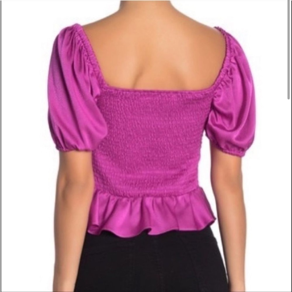 WAYF Blouse Large pink ruffle Sweetheart notch peplum Puff Sleeve Top NWT - Picture 4 of 14